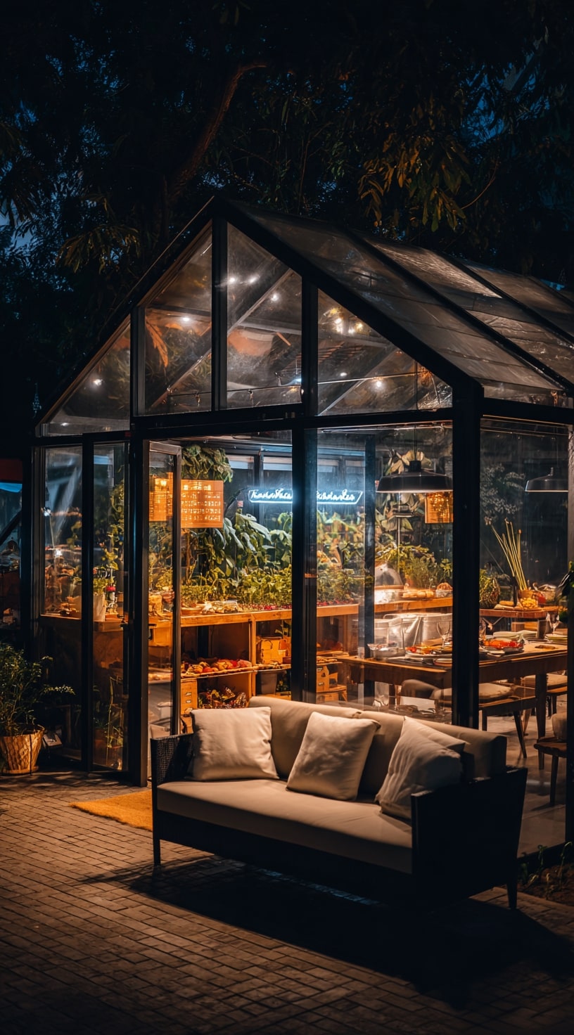 A Greenhouse That Glows Like an Evening Lounge