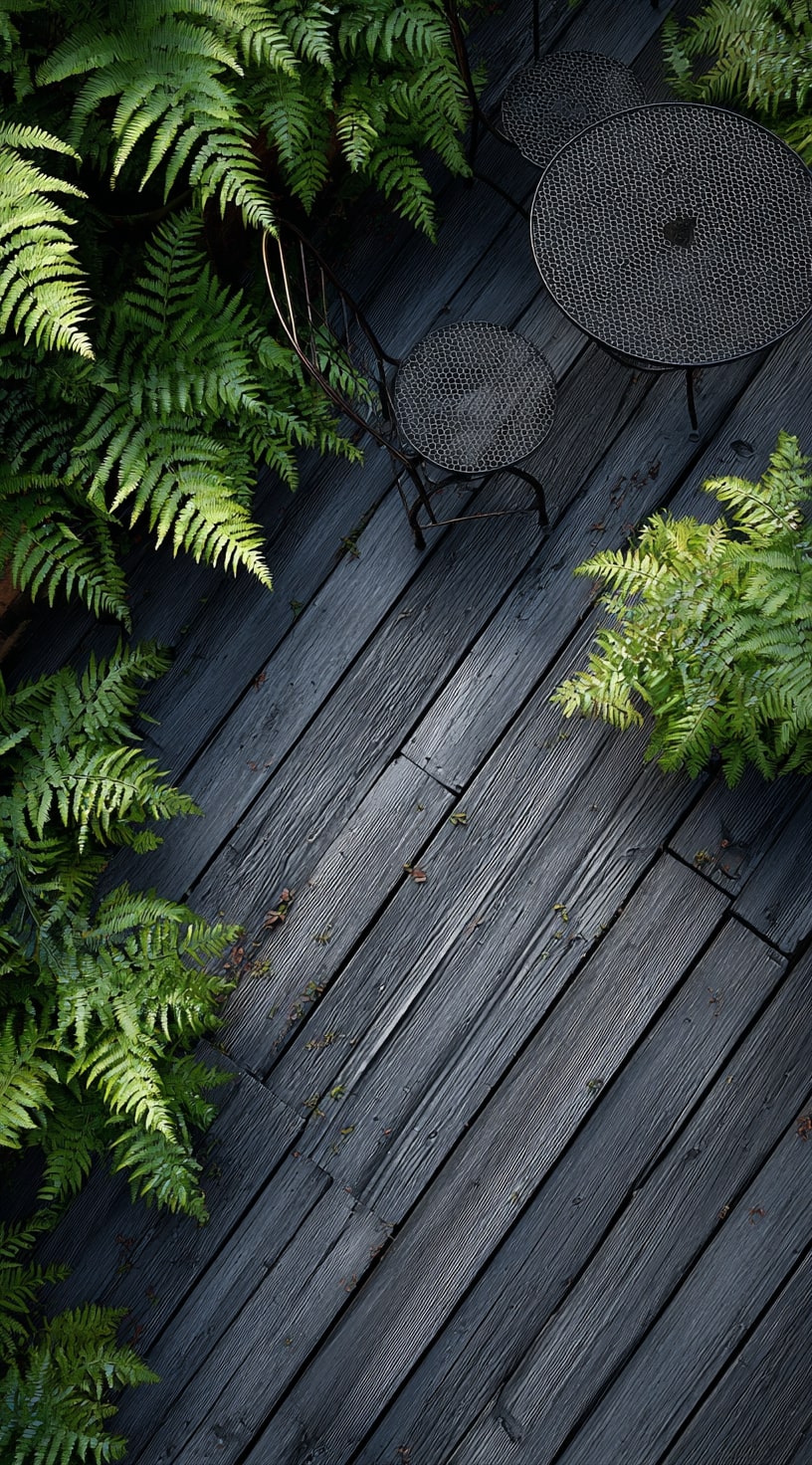 Charcoal Stained Deck Framed by Lush Greenery