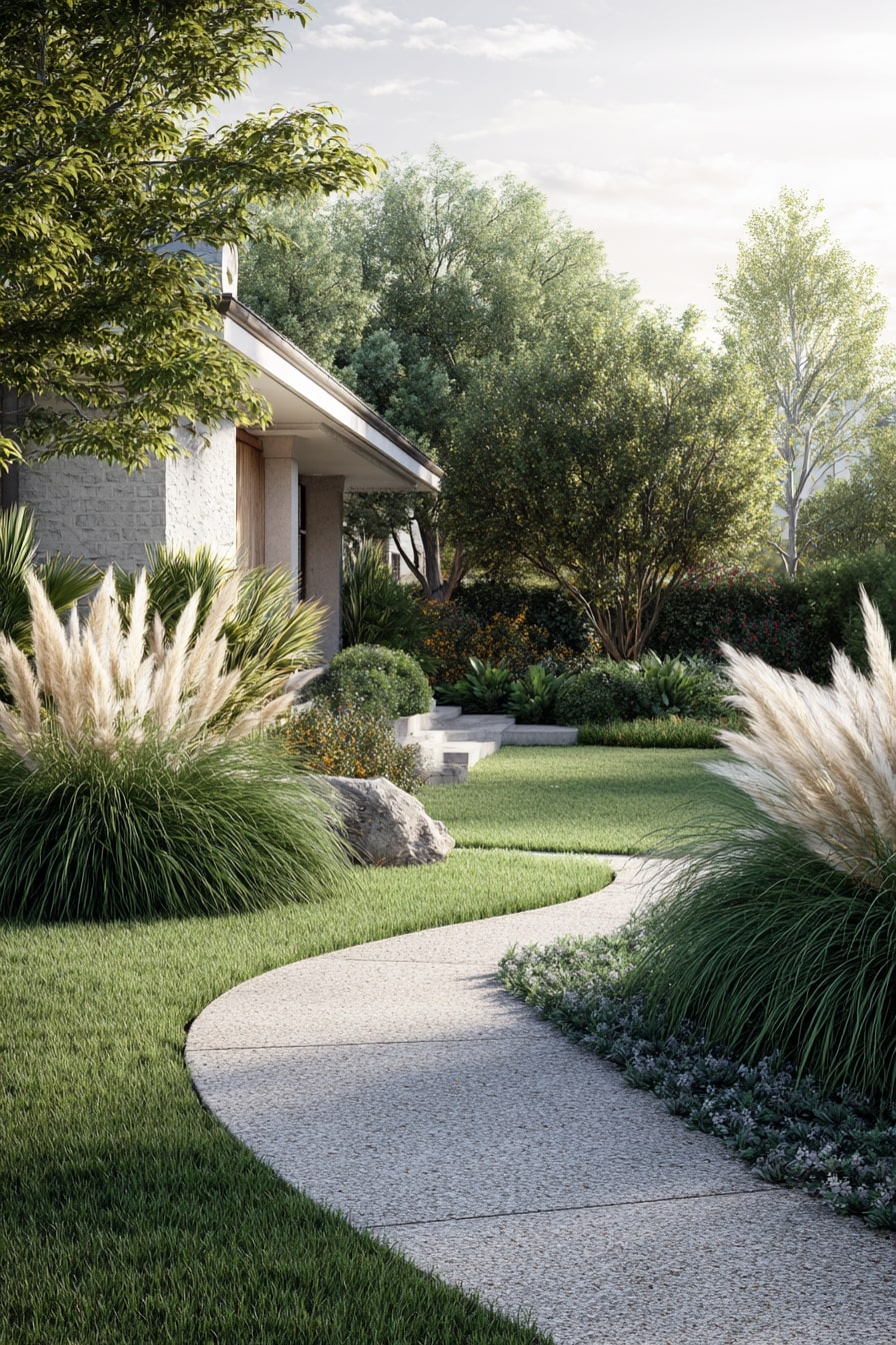 Curved Walkway Enhanced with Ornamental Grasses