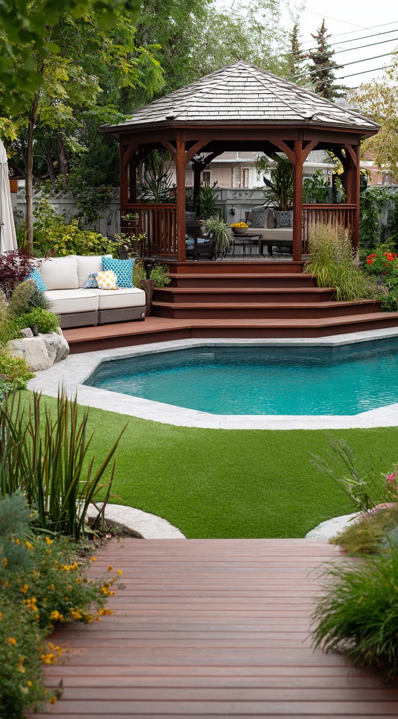 Above Ground Pool with Gazebo and Elevated Deck