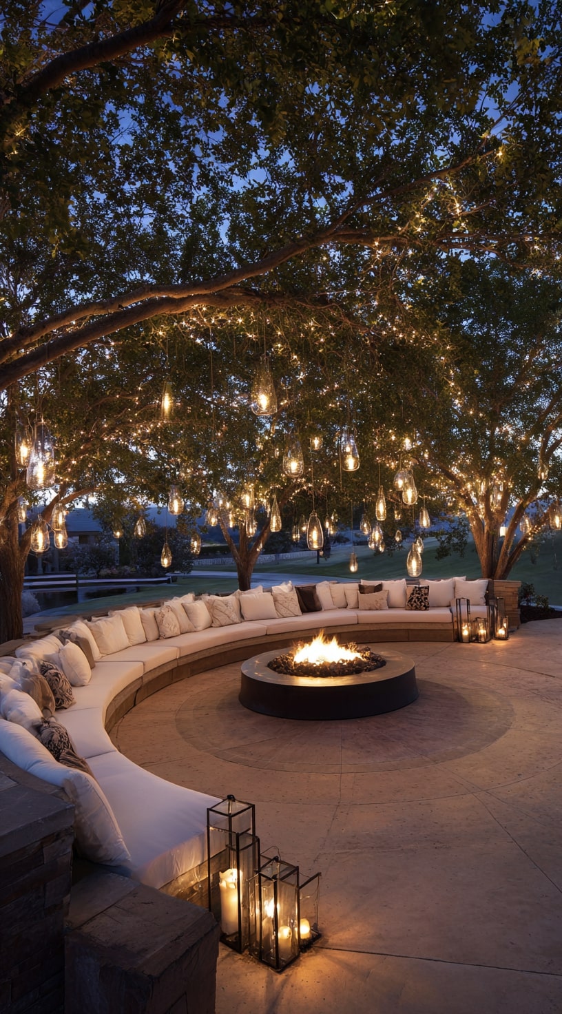 Gravel Courtyard with Fire and Twinkling Lights