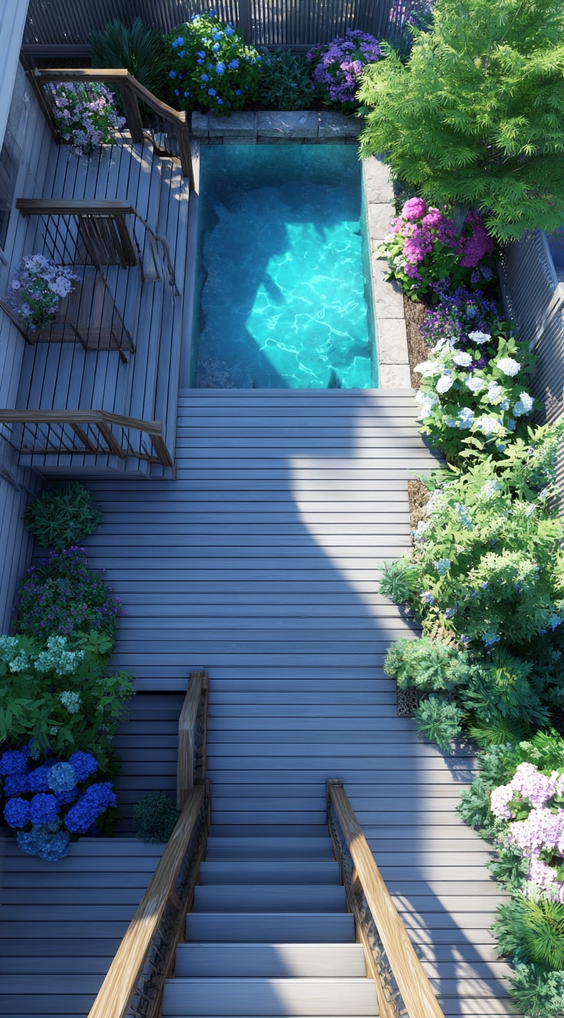 Elevated Deck with Garden Pathway to Above Ground Pool