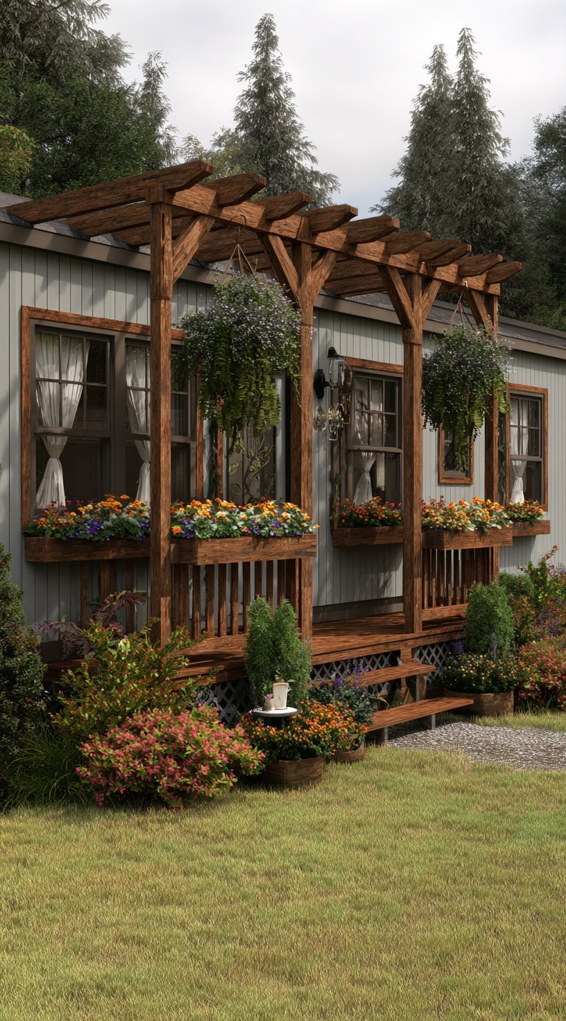 Pergola and Planters That Transform a Mobile Home Exterior