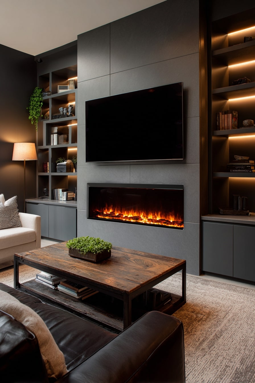 Sleek Fireplace Framed by Dark Elegance