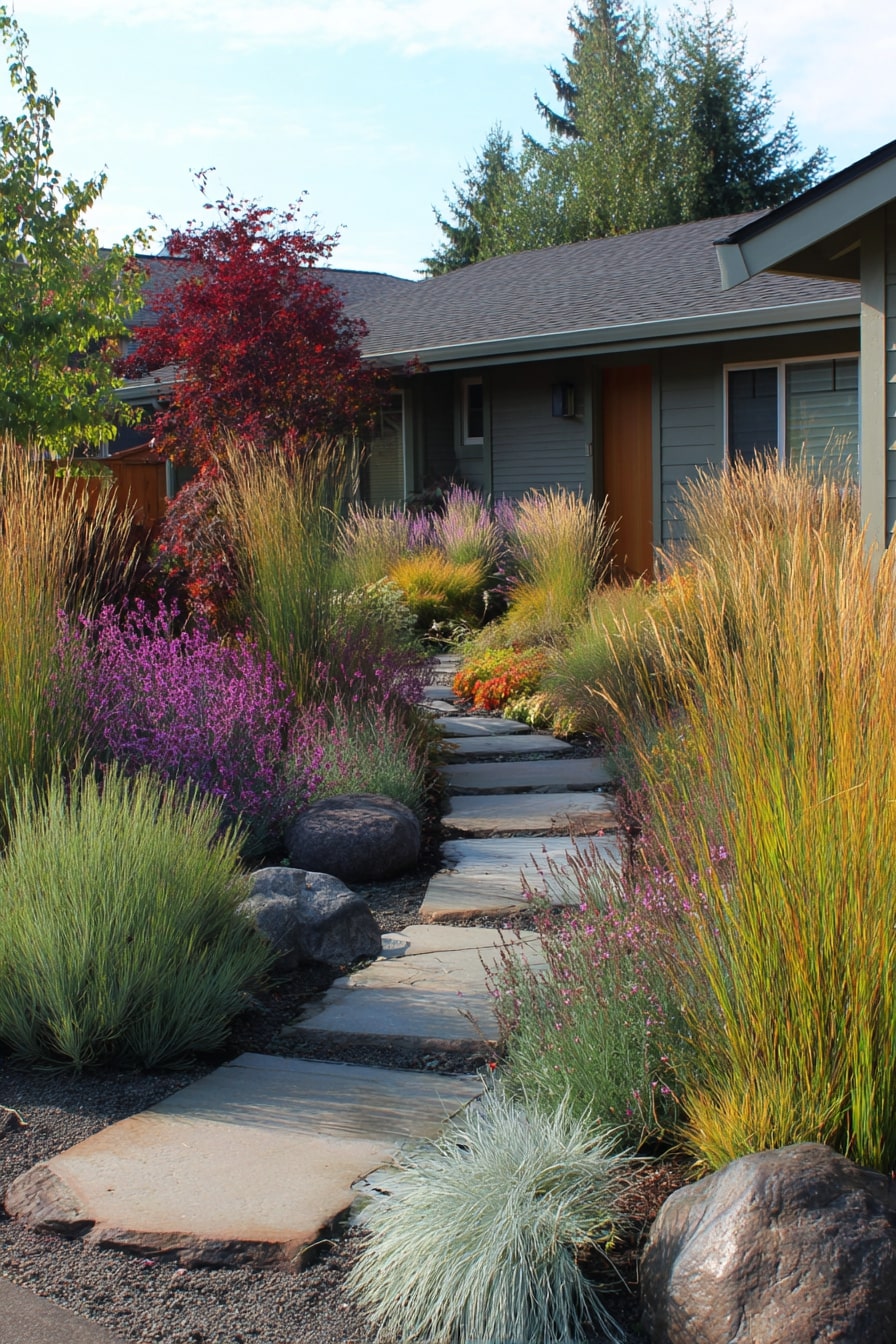 Colorful Pathway Framed with Ornamental Grasses
