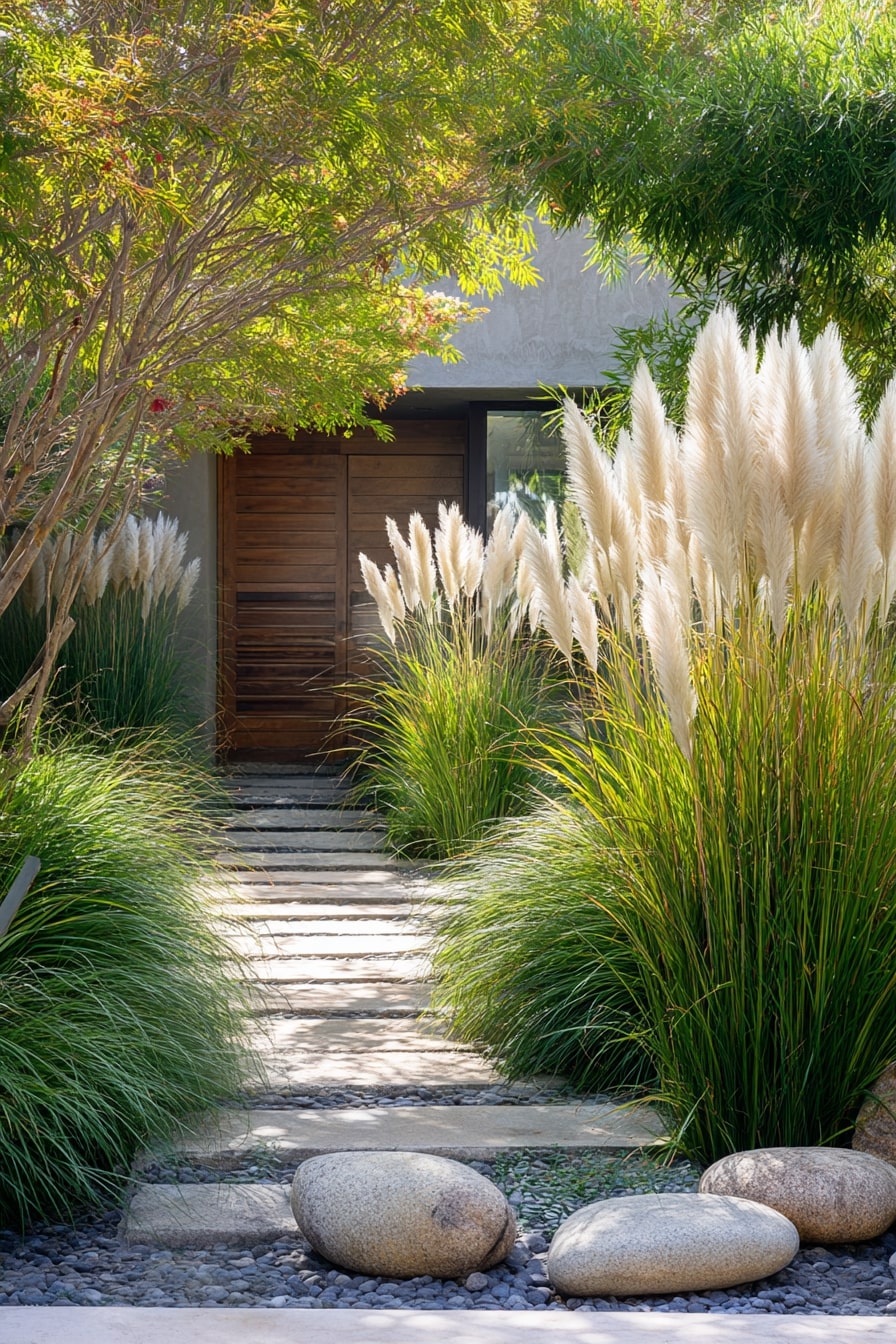 Elegant Entryway Framed with Ornamental Grasses