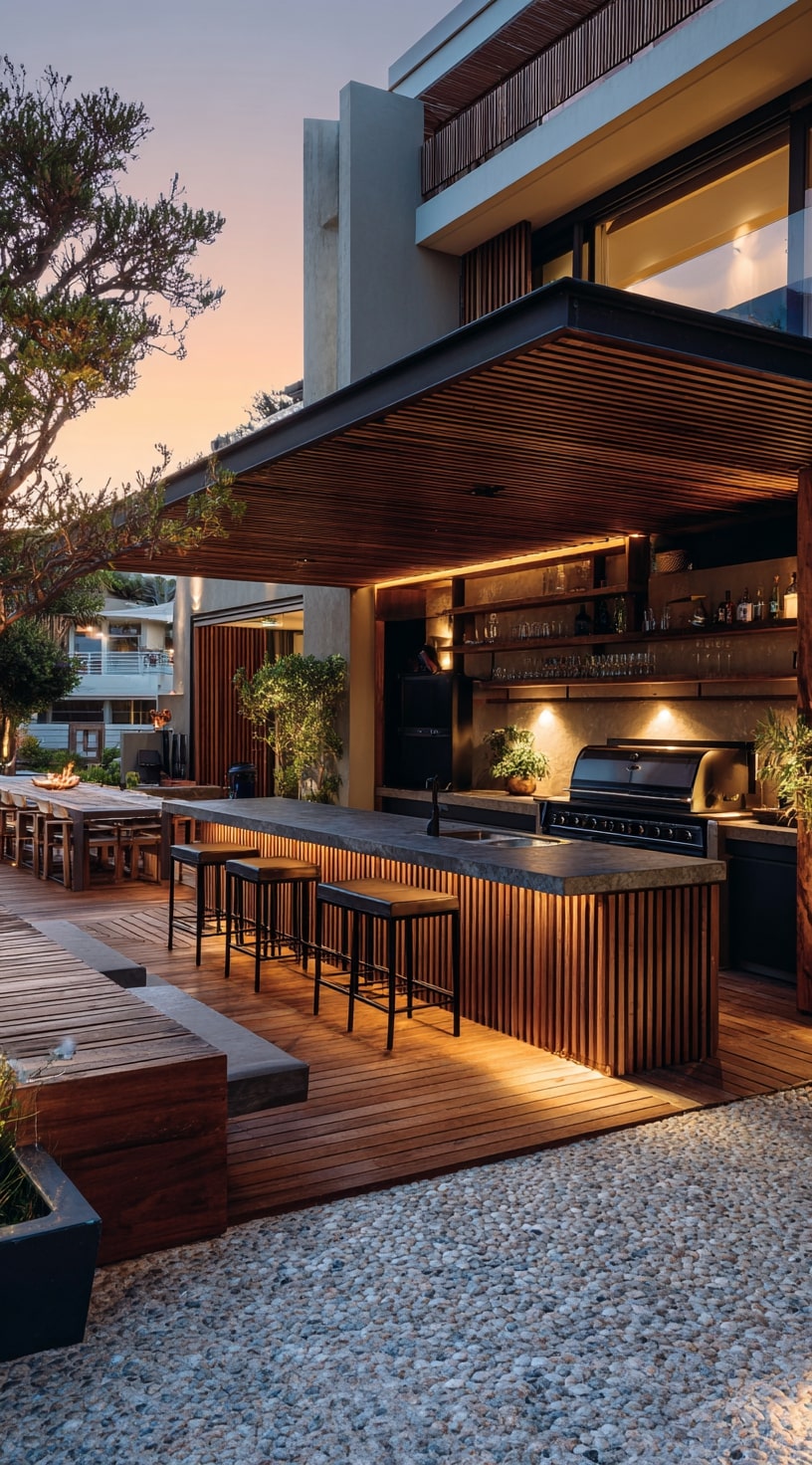 A Sleek Outdoor Kitchen with Warm Ambiance