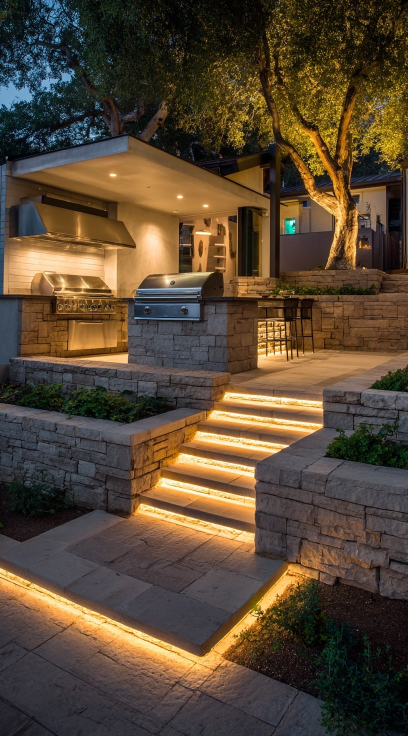 A Tiered Outdoor Kitchen with Subtle Lighting