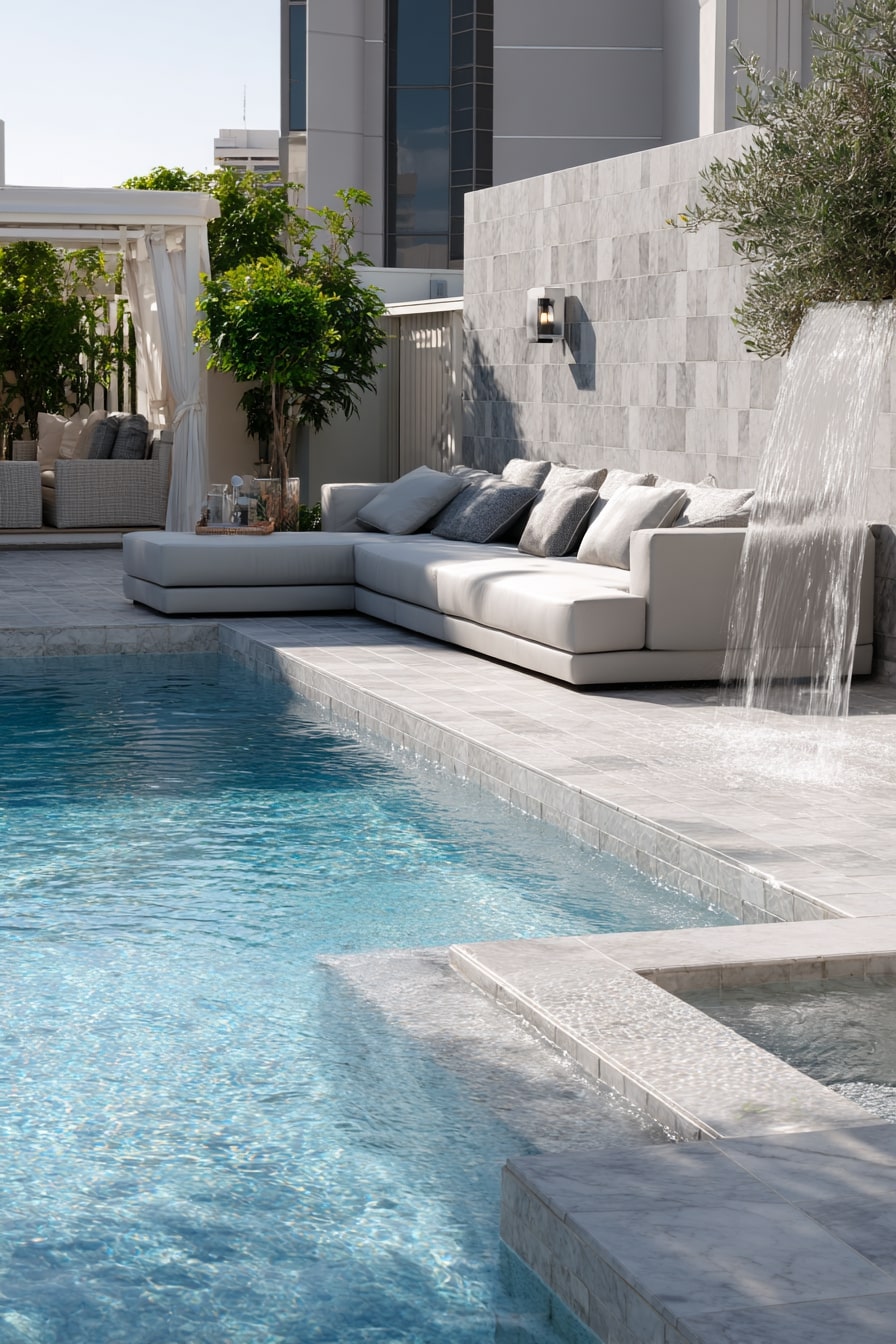 Contemporary Gray Tile Coping with Waterfall Accent