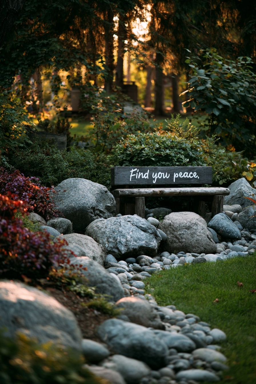Gravel Stream with a Peaceful Garden Bench