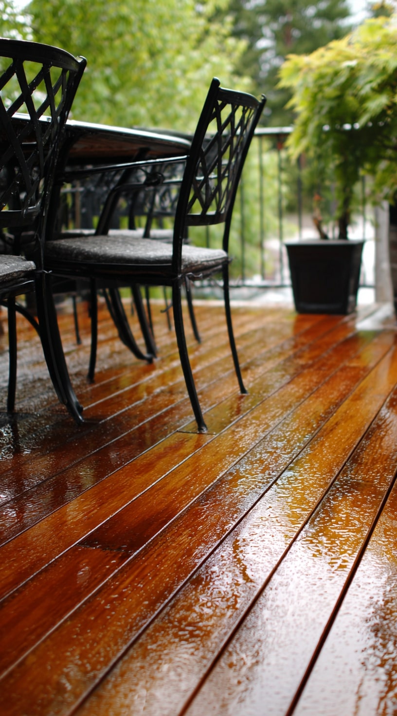 Glossy Cedar Deck Shining After Rain