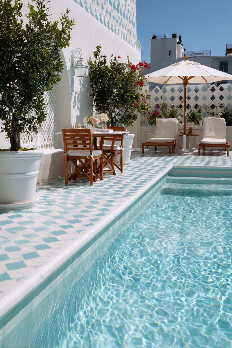 Classic Blue-and-White Tile Coping with Coastal Charm