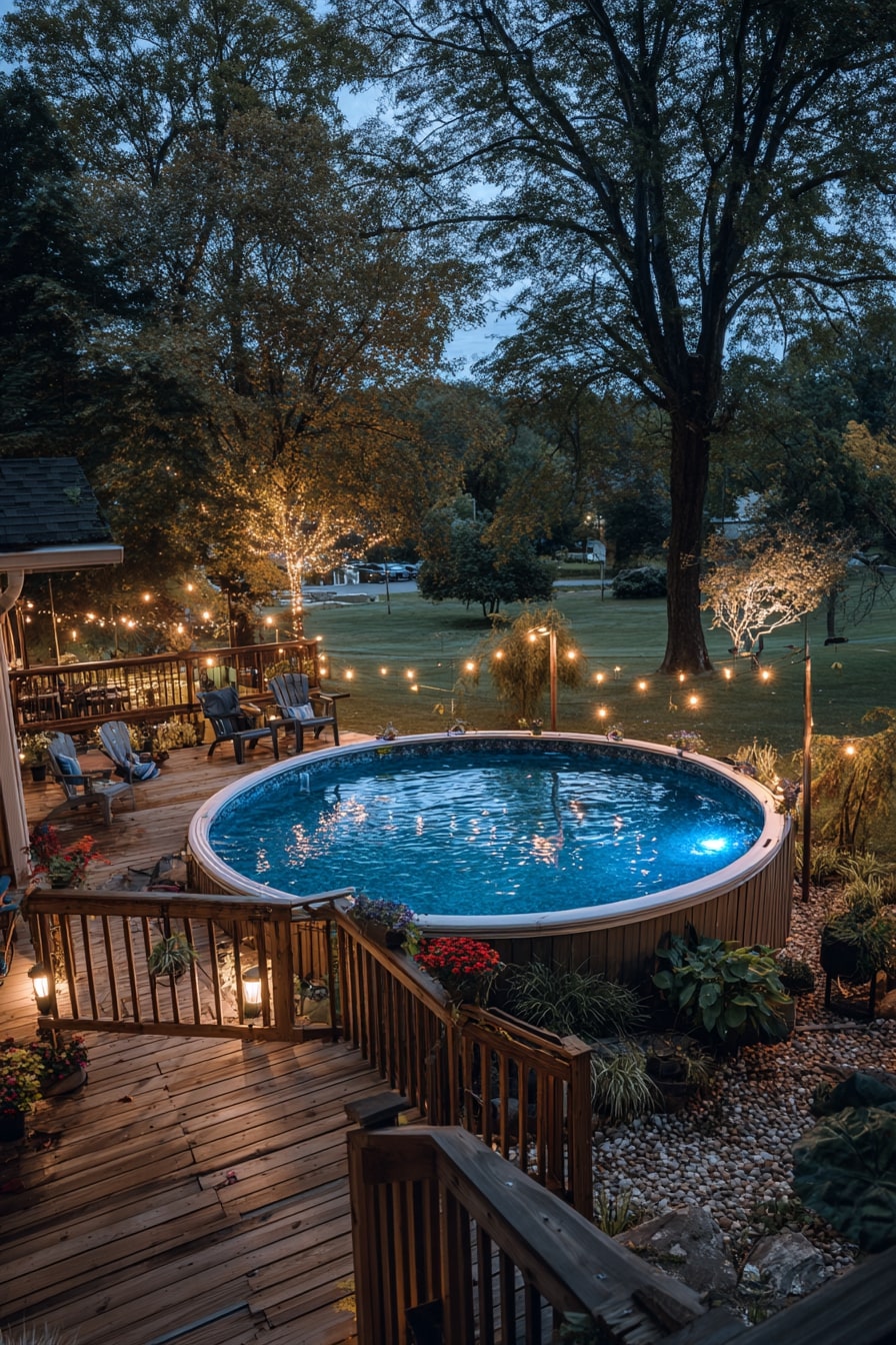 Round Above Ground Pool with Deck and Evening Glow