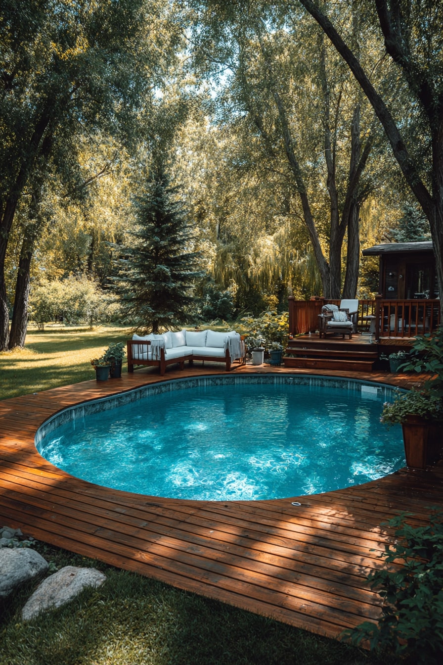 Round Above Ground Pool with Rustic Wood Deck