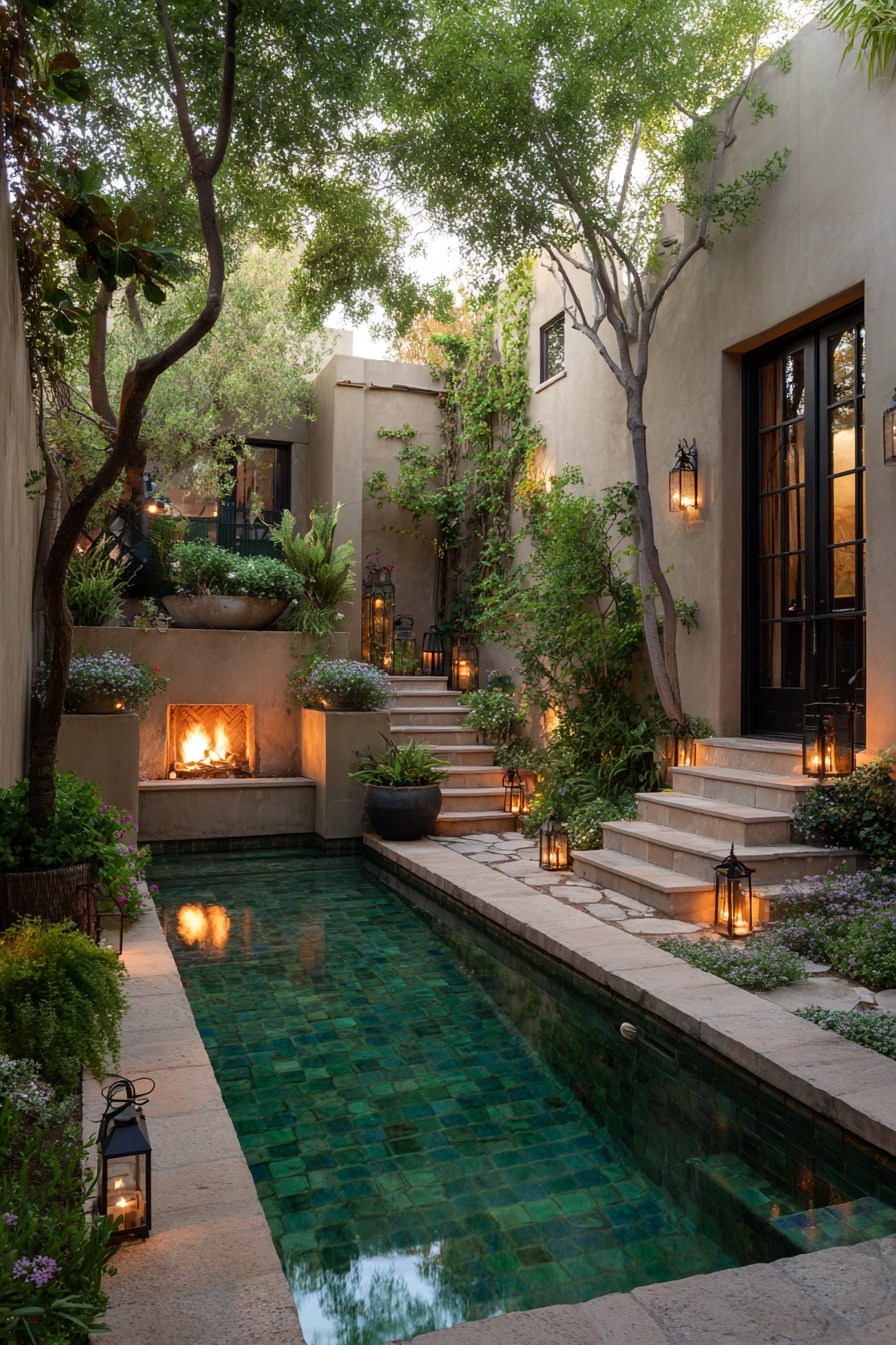 Enchanting Courtyard Pool with Fireplace Glow