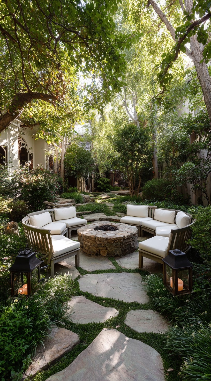 Gravel Pathway Leading to a Stone Fire Pit Retreat