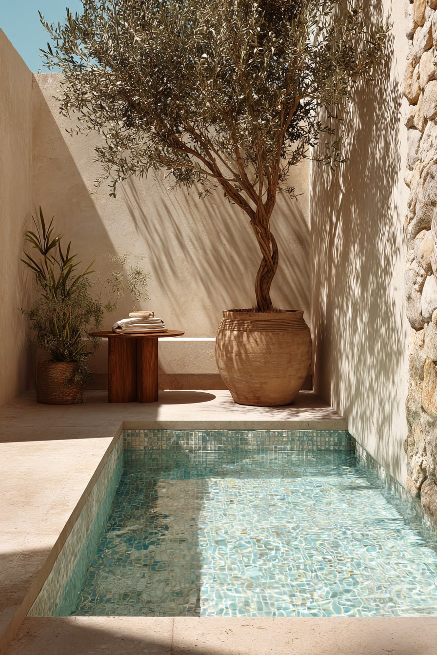 Mosaic Tile Coping in a Cozy Courtyard Pool