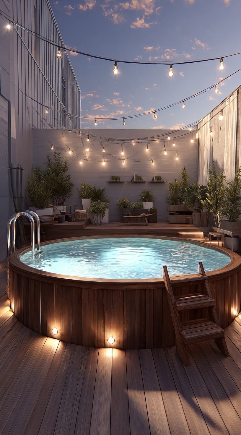 Cozy Above Ground Pool Deck with String Light Ambiance