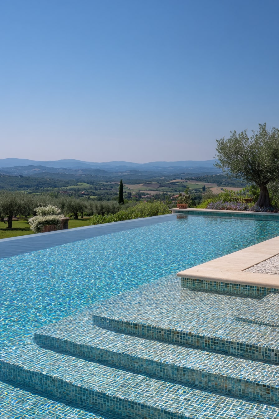 Infinity Pool Coping with Mosaic Tile Steps