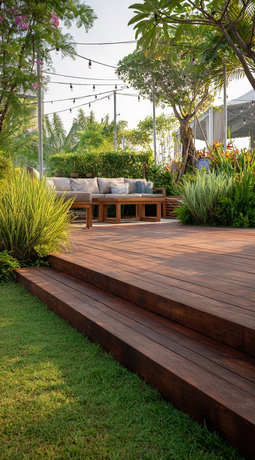 Rich Brown Deck Framing a Lush Garden Retreat