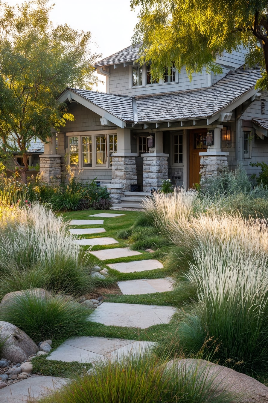 Welcoming Pathway Framed with Ornamental Grasses