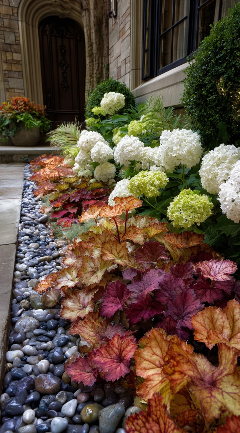 Front Walk Elegance with Heuchera and Hydrangea Harmony