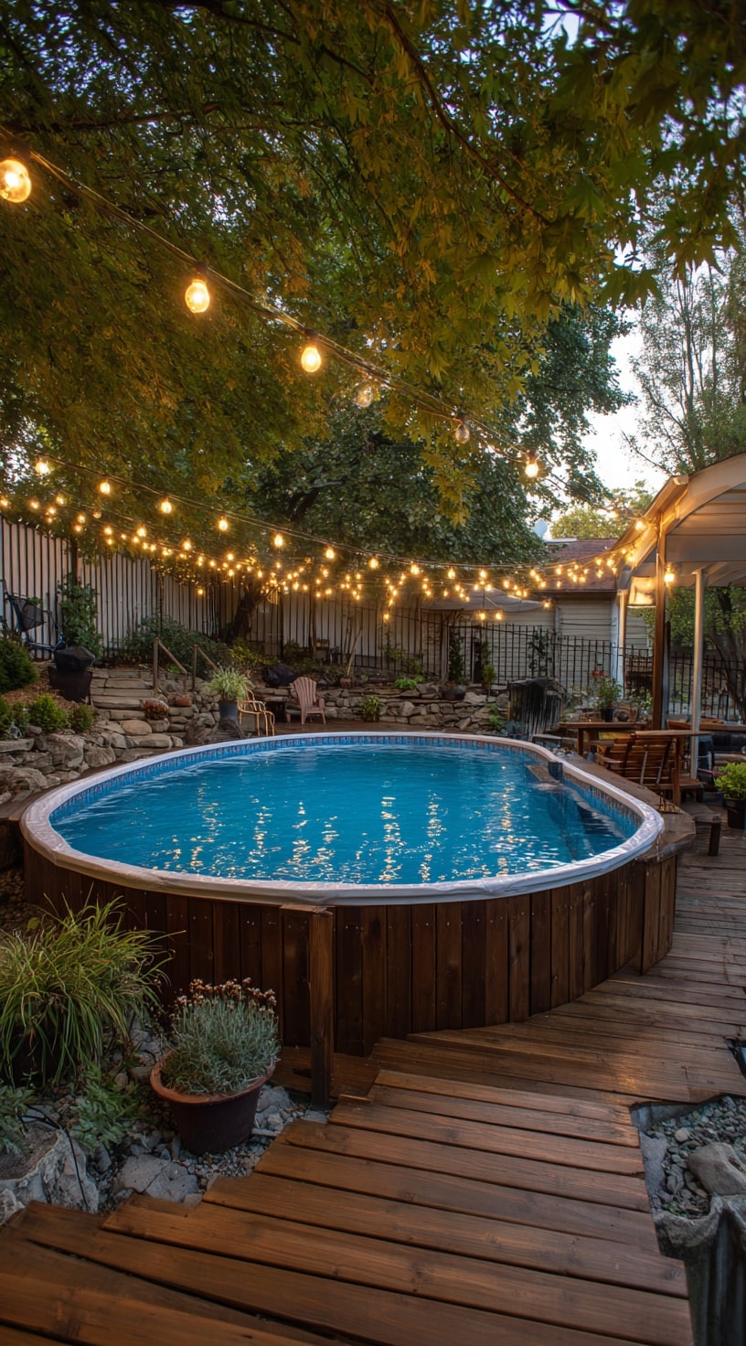 Above Ground Pool with Warm Decking and String Lights